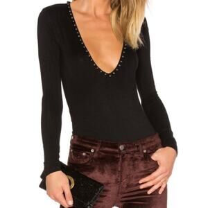 NWT NBD Black Beaded V-neck Bodysuit Long Sleeve Stretchy Glam Women size Medium